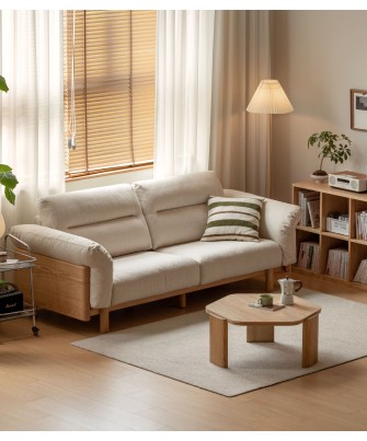 2.55 m Solid Oak Sofa – Imitation Cotton-Linen Fabric (Pearl White)...
