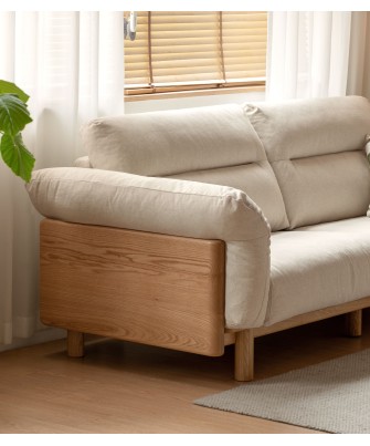 2.55 m Solid Oak Sofa – Imitation Cotton-Linen Fabric (Pearl White)...