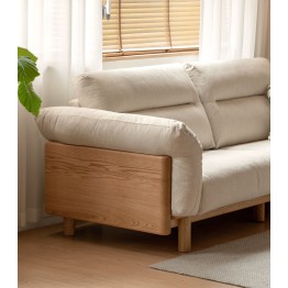 2.55 m Solid Oak Sofa – Imitation Cotton-Linen Fabric (Pearl White)...