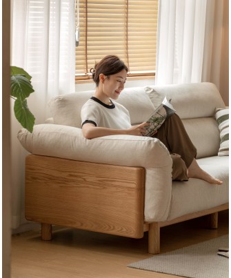 2.55 m Solid Oak Sofa – Imitation Cotton-Linen Fabric (Pearl White)...