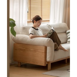 2.55 m Solid Oak Sofa – Imitation Cotton-Linen Fabric (Pearl White)...