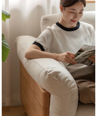 2.55 m Solid Oak Sofa – Imitation Cotton-Linen Fabric (Pearl White)...