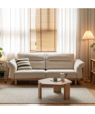 2.55 m Solid Oak Sofa – Imitation Cotton-Linen Fabric (Pearl White)...