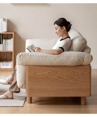 2.55 m Solid Oak Sofa – Imitation Cotton-Linen Fabric (Pearl White)...