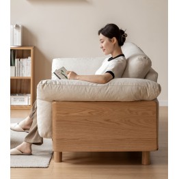 2.55 m Solid Oak Sofa – Imitation Cotton-Linen Fabric (Pearl White)...